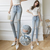 Light Color Retro Hole Beaded High Waist Cropped Pencil Pants