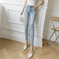 Light Color Retro Hole Beaded High Waist Cropped Pencil Pants