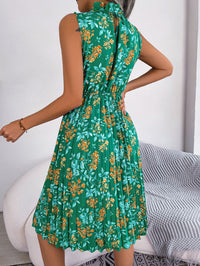 Women  Elegant Ruffle Trim Floral Print Tie Waist Pleated Dress