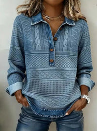 Womens Retro Printed Stand Collar Long-Sleeve Top