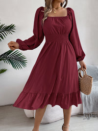 Women's Casual Solid Color Square Neck Long Sleeve Tie Waist Ruffle A-Line Dress