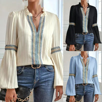 Womens Solid-Color Crochet-Trimmed Patchwork Loose Lantern-Sleeve Shirt