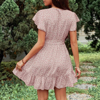 French-style High-waisted Floral-print Lace-up V-neck Short-sleeve Dress