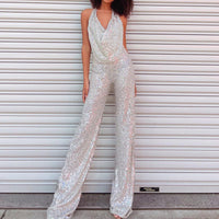 Fashionable Solid-Color Sequin Womens Sexy Backless Jumpsuit