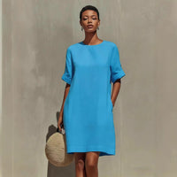 Round-neck Dress With Rolled-up Cuffs