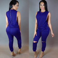 Fashion Casual Zipper Drawstring Digging Knee Broken Wind One-piece Skinny Trousers Jumpsuit Women