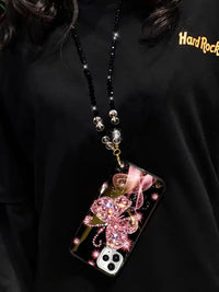 Luxury PINK Rhinestone Butterfly Glitter Lanyard Phone Case
