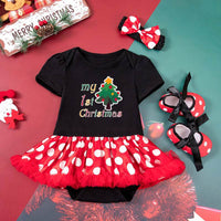 Baby Girl Christmas Party Holiday Clothes Cartoon Old Man Tree Baby's Gown Shoes Hair Accessories 3-piece Set