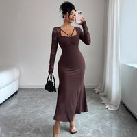 New Arrival Lace Patchwork Long-sleeve Crossover-neck Sexy Dress