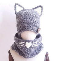 Knit hat children's animal cat ears set hat hand-knitted warm neck bonnet