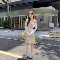 Sweet Floral Print Off-Shoulder Sheer Blouse Long-Sleeve T-Shirt Womens Sun-Protective Off-Shoulder Top