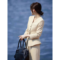 Waist-grabbing Beige Coat And Wide-leg Pants Set