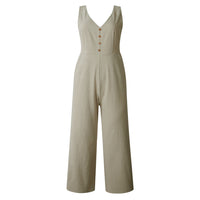 Women's Fashion Pocket Zipper V-Neck Button Backless Jumpsuit