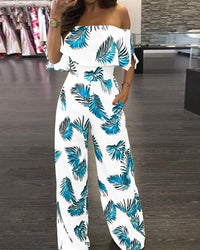 Printed word collar ruffled loose jumpsuit
