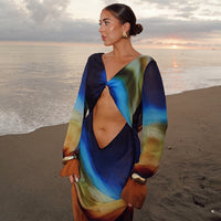 Printed Mesh Long-Sleeve Maxi Dress With Open Back And Tie Details For Women