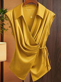 Womens Notched Collar Irregularly Tied Waist Sleeveless Shirt