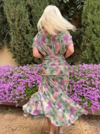 Chiffon Short-sleeved Dress Summer Fashion Print V-neck Long Dress, Women's Clothing
