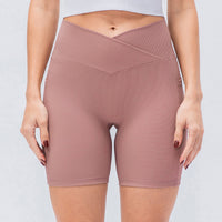 New Women's Yoga Shorts Cross Waist Slim Fit Fitness Pants Pockets High Waist Hip Lift Running Exercise Shorts