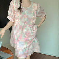 Women's Fashionable Cotton Gauze Plaid Ruffle Short-sleeved Loungewear