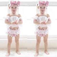 Three tops with fringed shorts and headbands