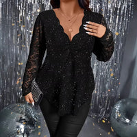 Womens Loose Powder-Effect Elegant Lace V-Neck Long-Sleeve T-Shirt
