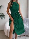 Women's Elegant Stand Collar Sleeveless Tie Waist Pleated Maxi Dress