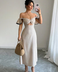 Slim-fit Waist-cinching Polka-dot Dress For Women