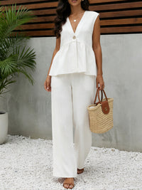 Womens Casual V-neck Top And Wide-leg Pants Two-piece Set