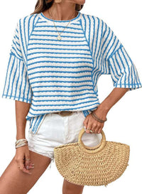 Casual Loose-fit Striped Crewneck Color-block Short-sleeve T-shirt