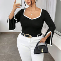 Black Socialite Style Square-neck Flared Sleeve Slimming Top