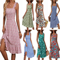Womens Elegant Square-Neck Floral A-Line Sleeveless Dress