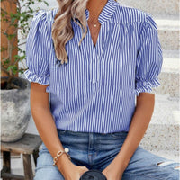 Pullover V-neck Ruffle Sleeve Top Women's Striped Chiffon Shirt