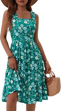 Womens Elegant Square-Neck Floral A-Line Sleeveless Dress