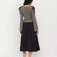 Bow Pleated Design Flare Plaid Slim-fit Long Sleeve Shirt For Women