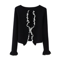 Spring And Autumn Solid Color Two-color Lace Stitching Long Sleeve Tied Knitted Cardigan