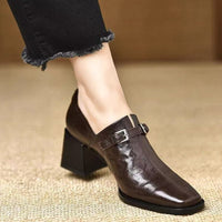Womens Leather Belt-buckle Shoes With A Square