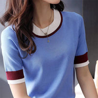 Ice Silk New Knitted Summer Round Neck T-shirt For Women