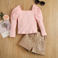 Girls' Bubble Long Sleeve Cotton Sunken Stripe Top Light Coffee Color Leather Pants Suit