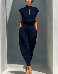 Chinese-style Satin Short-sleeve T-shirt And Pants Set For Women