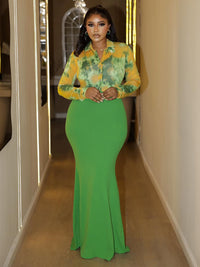 Shirt-collar Printed Sheath Mermaid Dress