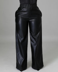 Women's Fashion Solid Color Loose Wide Leg Pocket PU Leather Pants