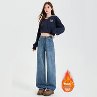 Vintage Blue High Waist Velvet Padded Straight Jeans