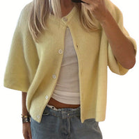 Women's Solid Color Short-sleeved Cardigan Round Neck Button