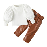 Children's Clothing Girls Small Fashionable Puff Sleeve Trendy Straight Leather Pants Including Belt Autumn And Winter Suit