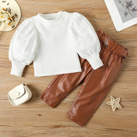 Children's Clothing Girls Small Fashionable Puff Sleeve Trendy Straight Leather Pants Including Belt Autumn And Winter Suit
