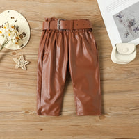 Children's Clothing Girls Small Fashionable Puff Sleeve Trendy Straight Leather Pants Including Belt Autumn And Winter Suit