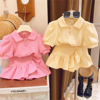Waffle Bubble Lapel Short Sleeve Western Style Two-piece Set