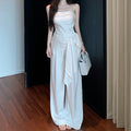 Asymmetrical Strap Cinched Waist Short Sleeveless Tube Top Jumpsuit With Wide-Leg Pants
