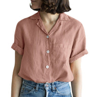 Women's Solid-Colored Cotton-Linen Pocketed Shirt