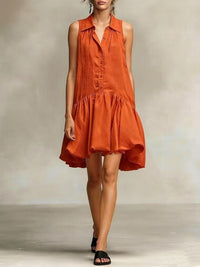 Single- Breasted Shirt Collar Ruffled Dress